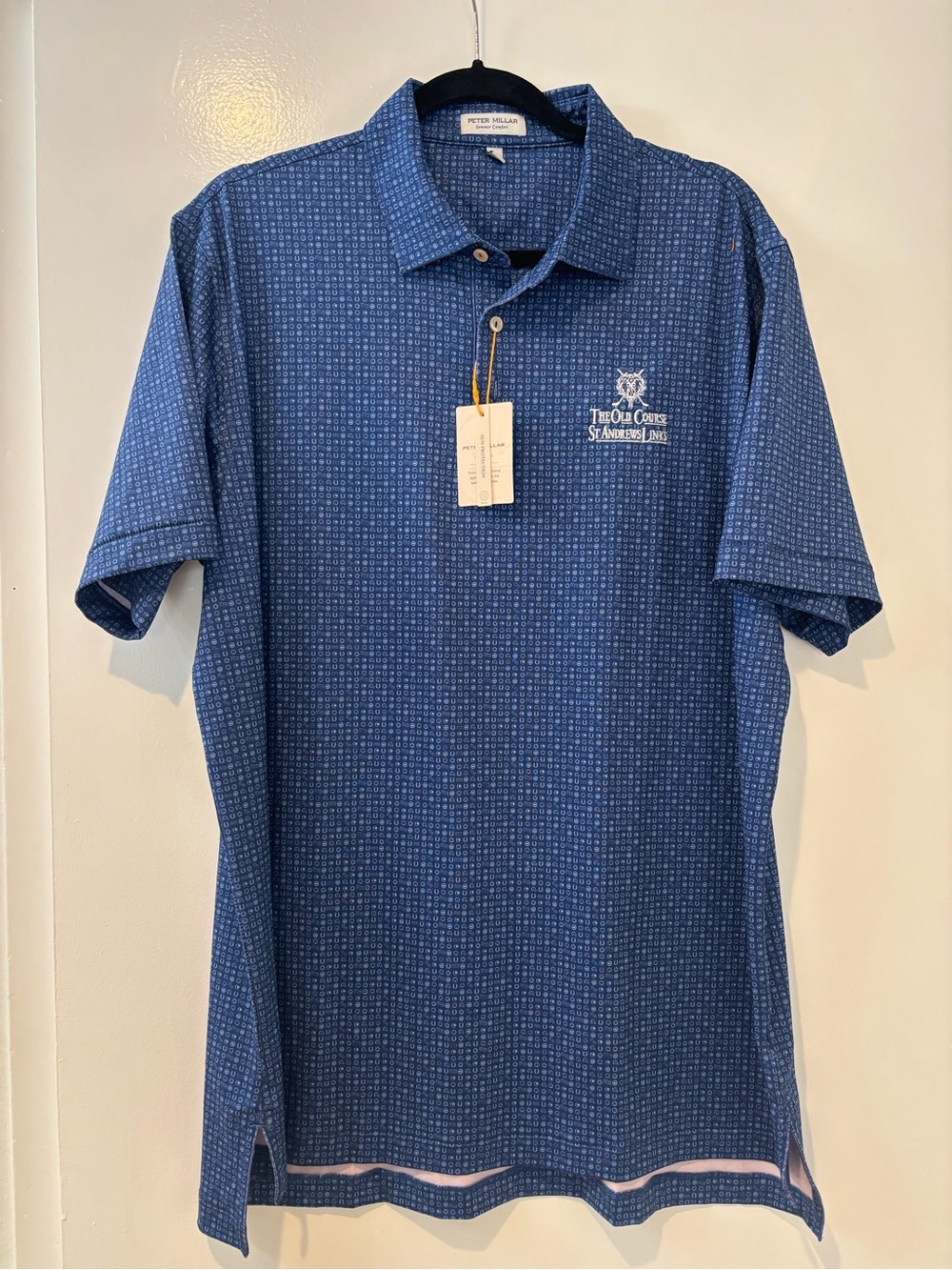 NWT Peter Millar Blue Printed Polo Shirt - The Old Course St. Andrews Logo